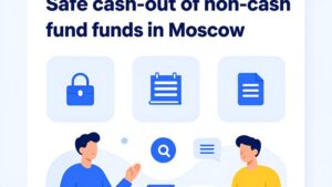 Футуристический пейзаж Москвы с символами цифровых финансов для безопасного вывода безнала от Cashcat